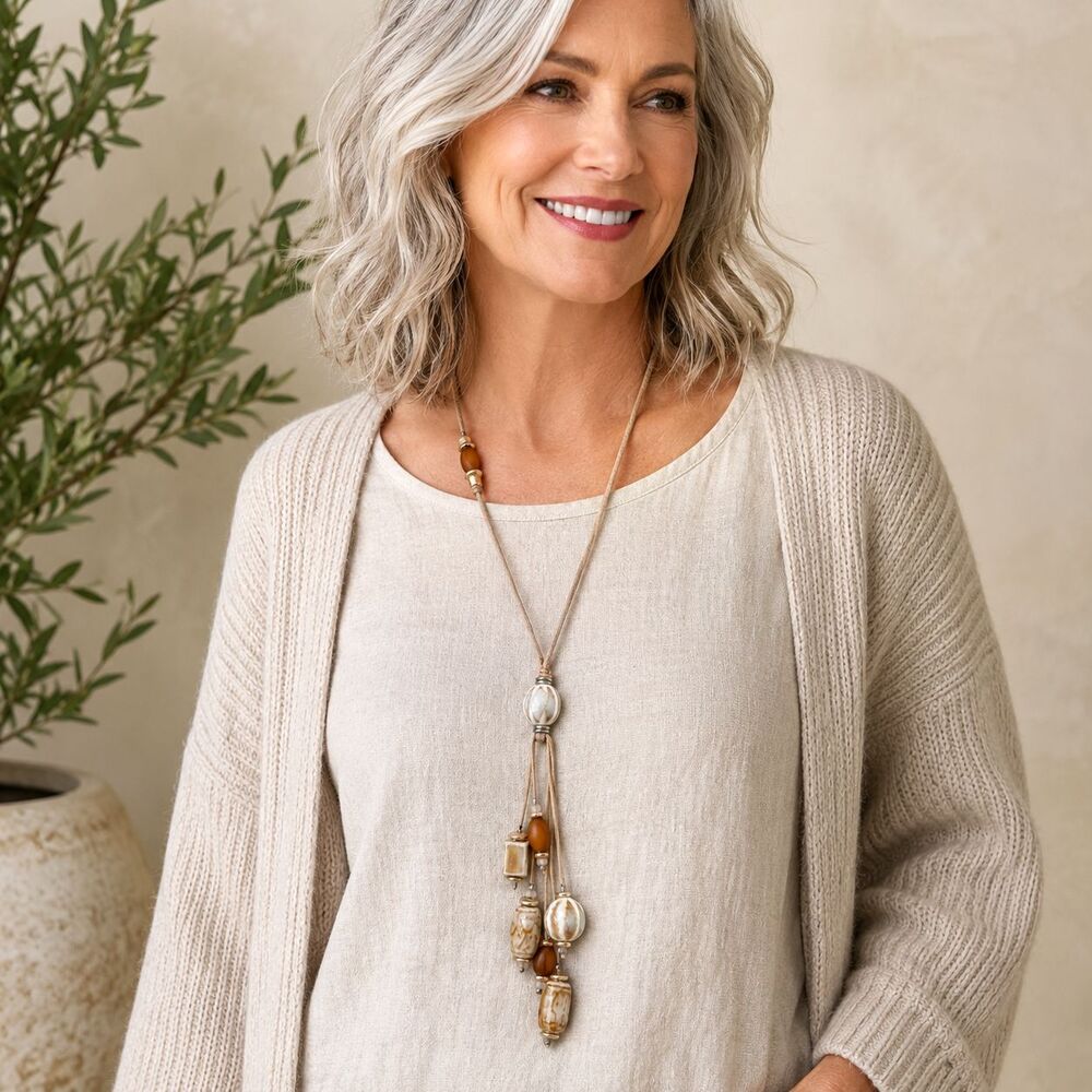 J Jill Glazed Pottery Beaded Necklace Slide Cord Boho Cream Brown Tassel Gold